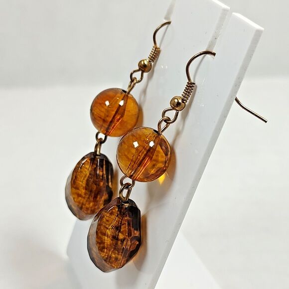 Amber Tone Necklace Earrings Set Faceted Beads Gold Chain Statement 16" - 19" - Picture 7 of 16